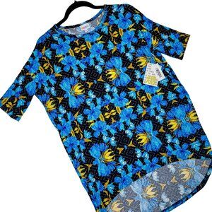 LuLaRoe Irma Tunic XXS Floral Black Blue Green Romantic Hi Low Dolman Top